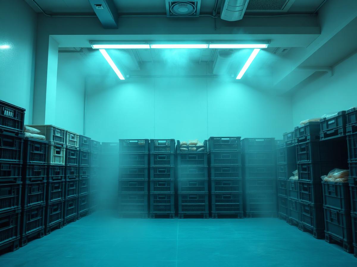 Cold storage room stacked with crates of frozen stock