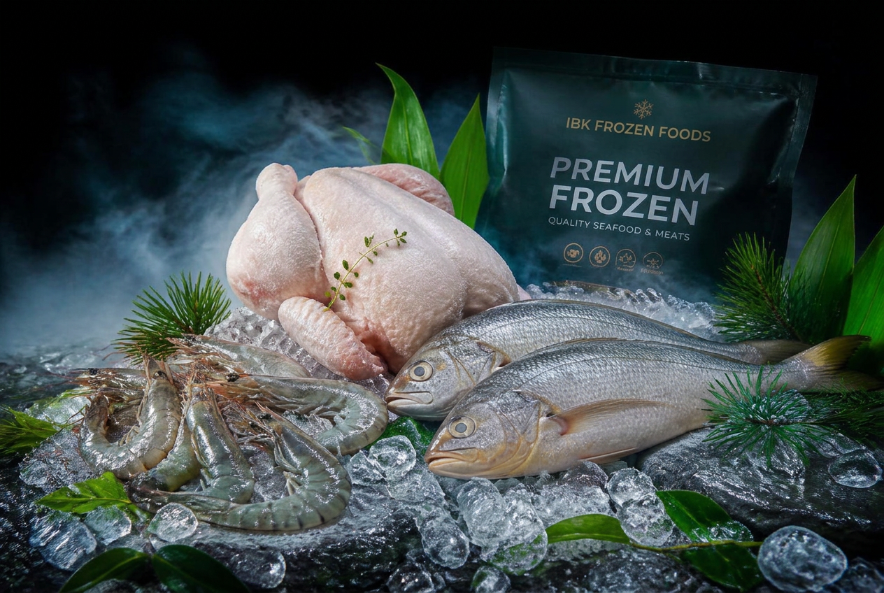 Frozen chicken, prawns and croaker fish displayed on crushed ice